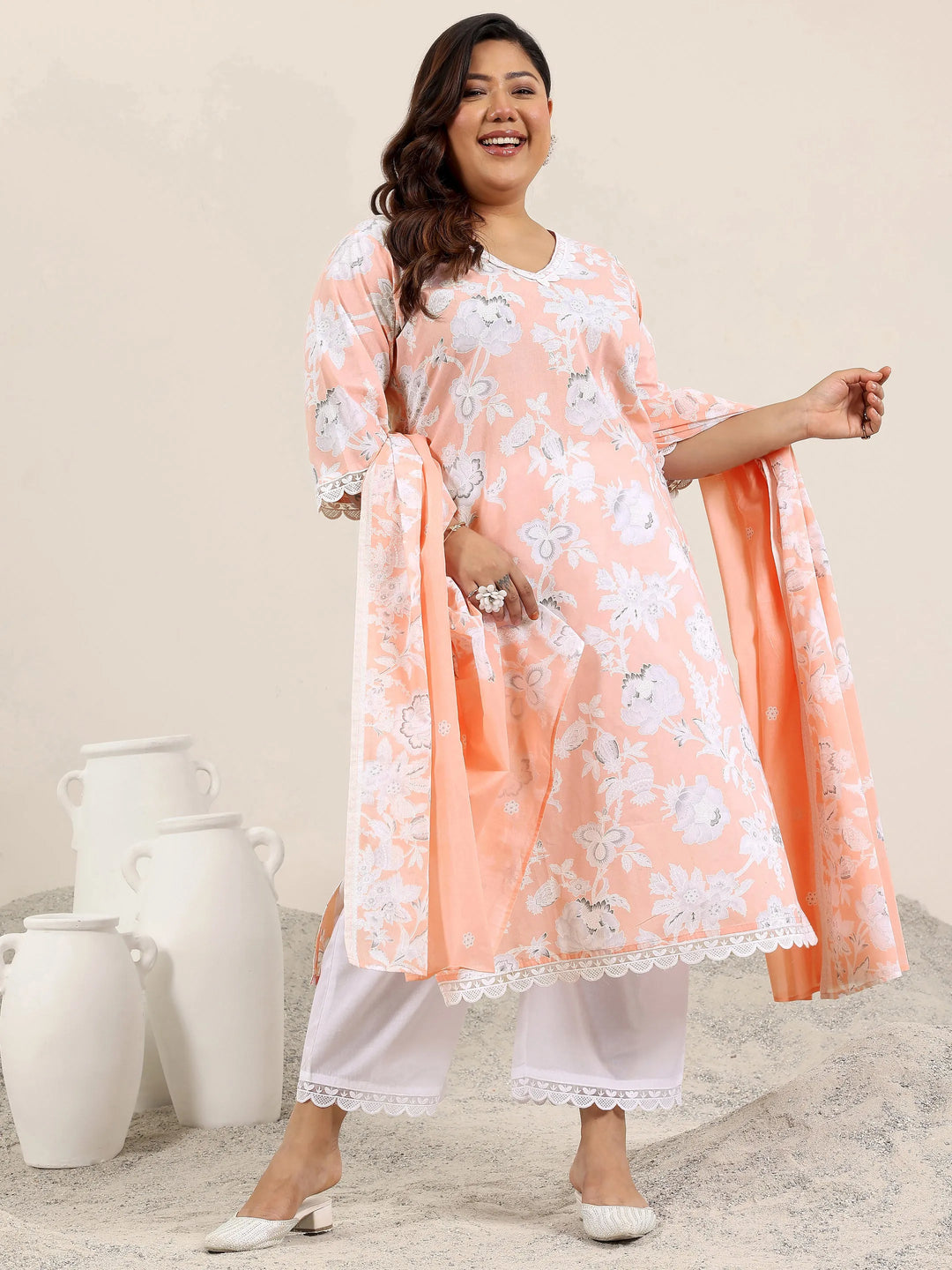  Plus Size Peach Printed Cotton Straight Suit Set With Dupatta 