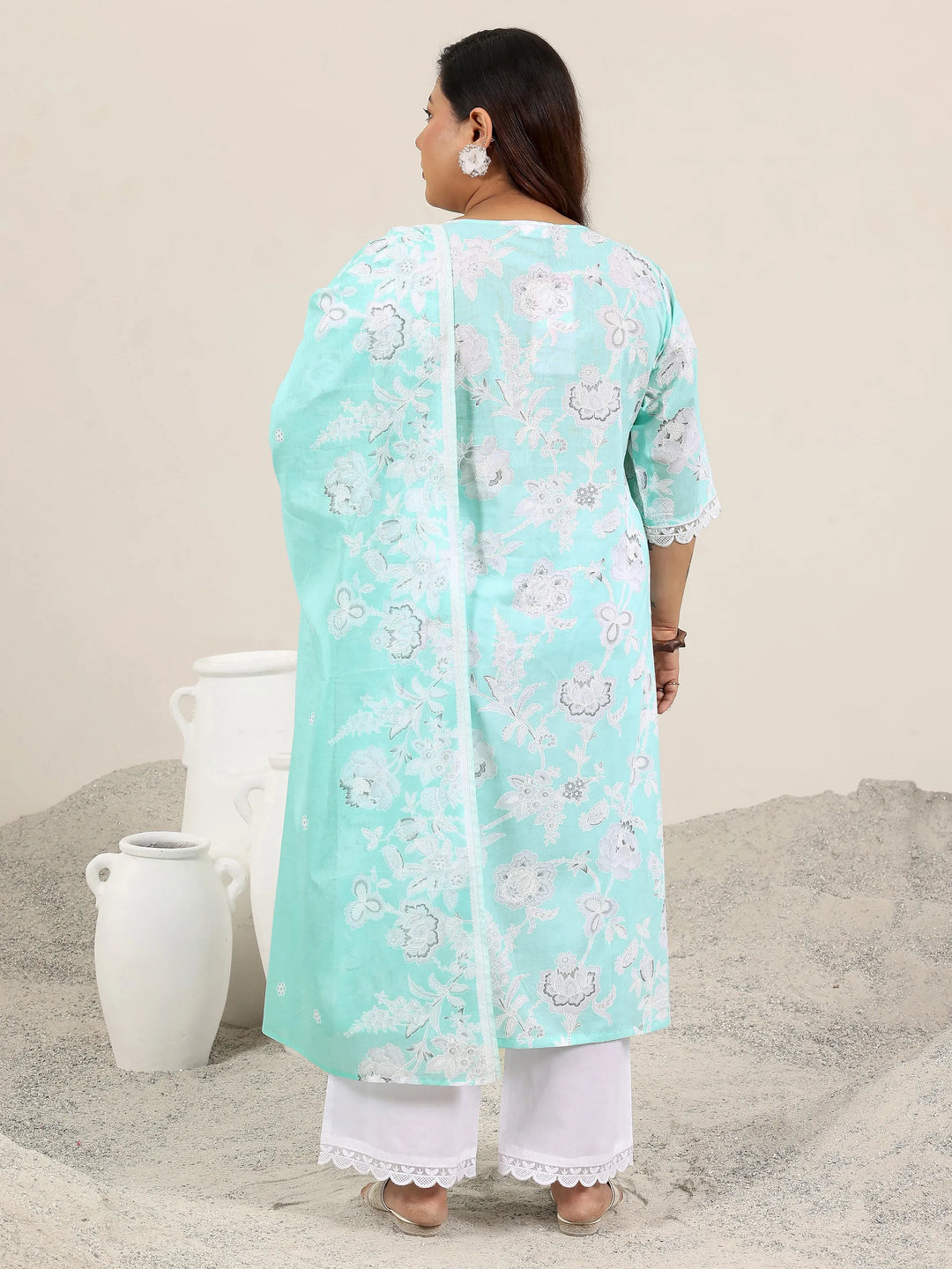  Plus Size Blue Printed Cotton Straight Suit Set With Dupatta 