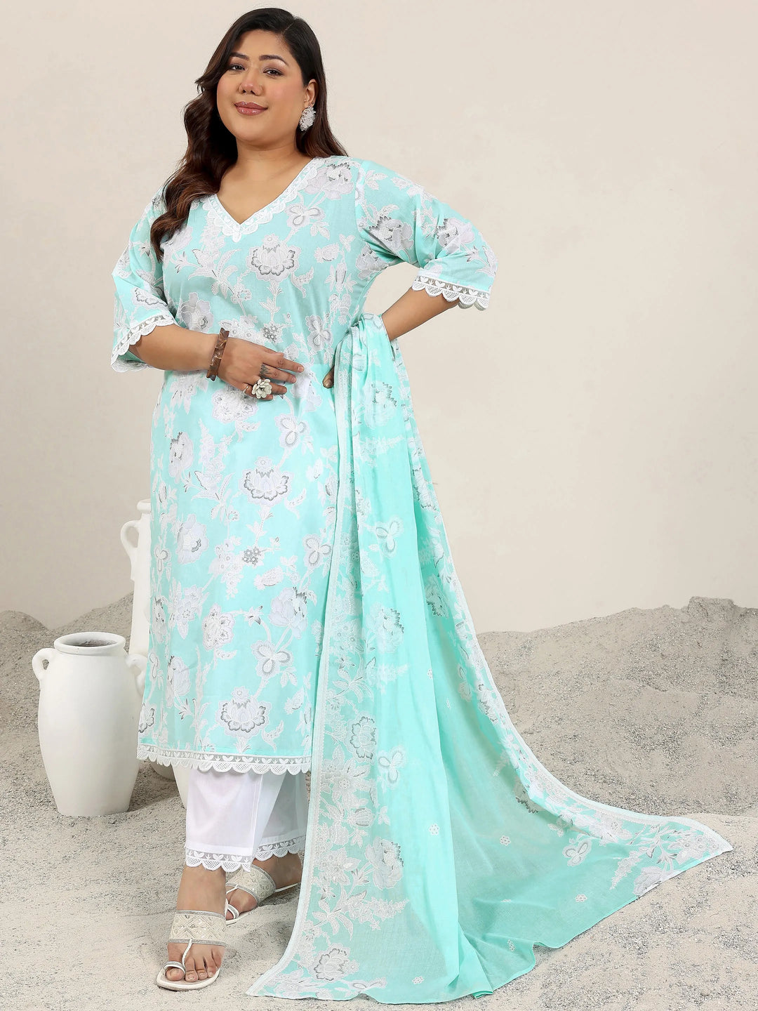  Plus Size Blue Printed Cotton Straight Suit Set With Dupatta 