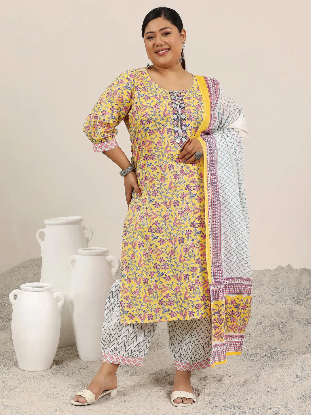  Plus Size Yellow Printed Cotton Straight Suit Set With Dupatta 