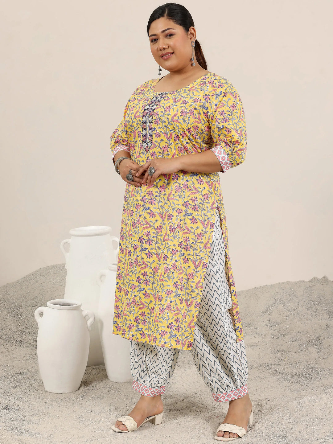  Plus Size Yellow Printed Cotton Straight Suit Set With Dupatta 