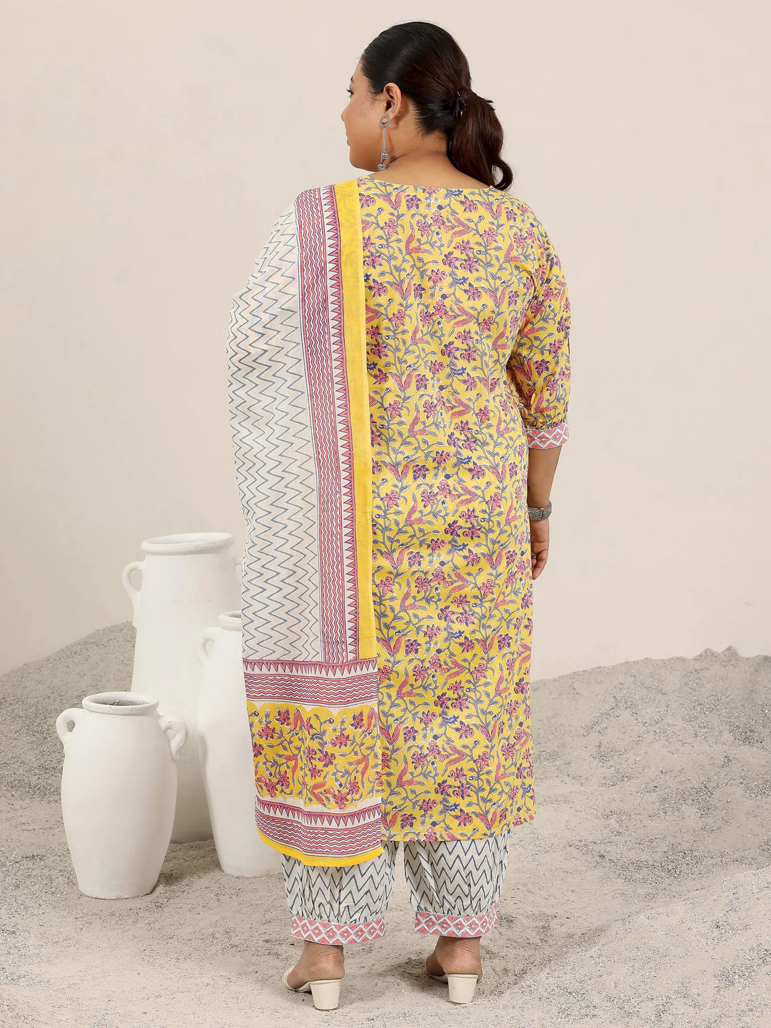  Plus Size Yellow Printed Cotton Straight Suit Set With Dupatta 