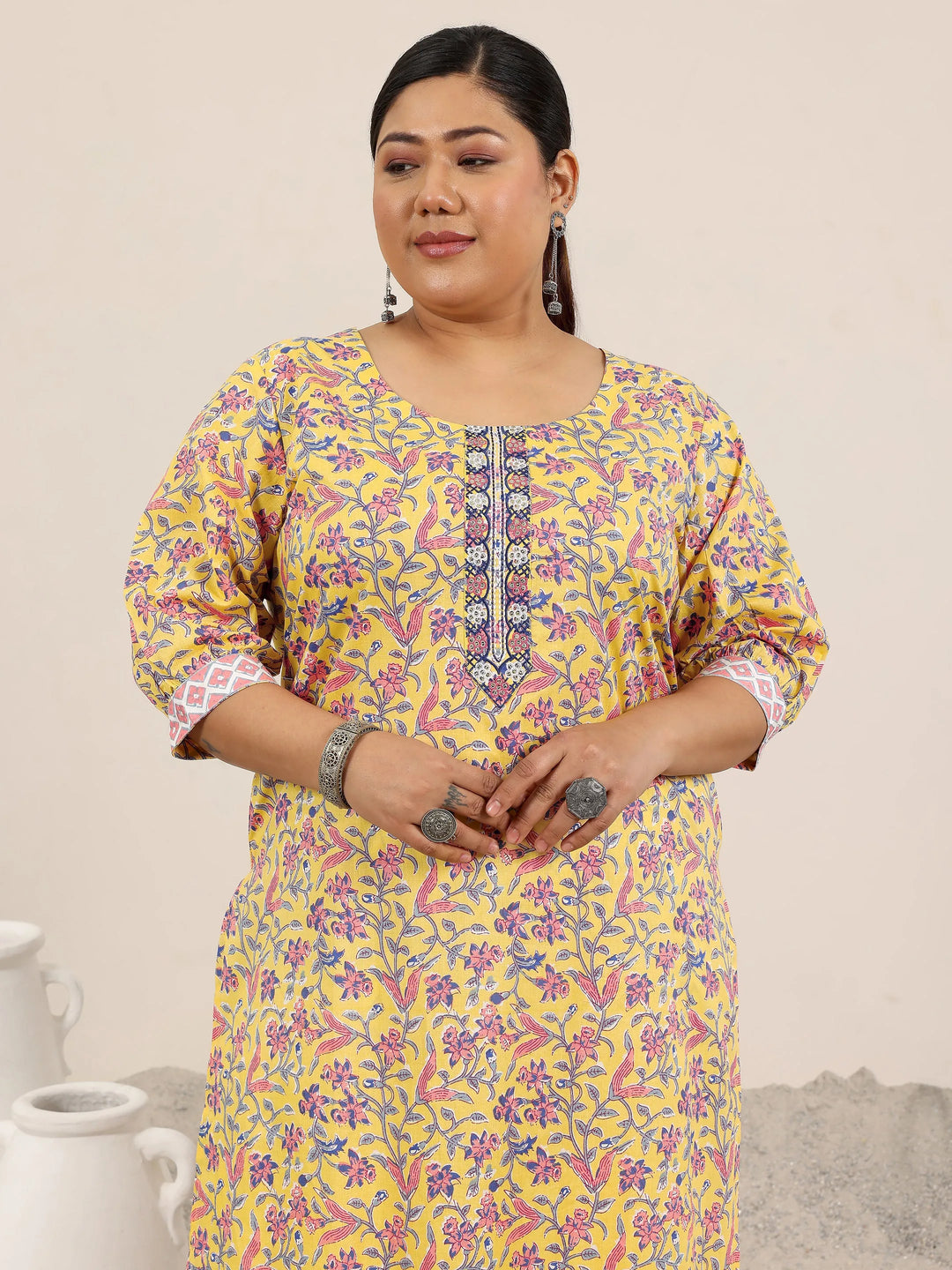  Plus Size Yellow Printed Cotton Straight Suit Set With Dupatta 