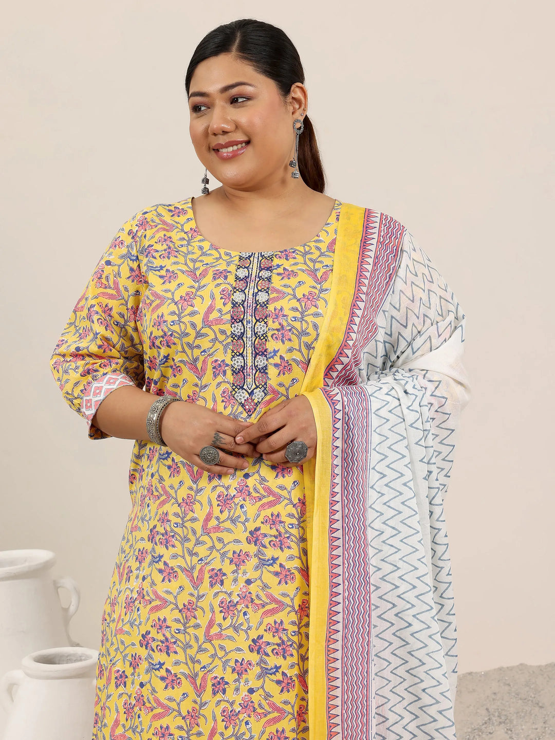  Plus Size Yellow Printed Cotton Straight Suit Set With Dupatta 