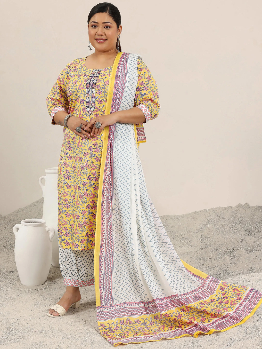  Plus Size Yellow Printed Cotton Straight Suit Set With Dupatta 