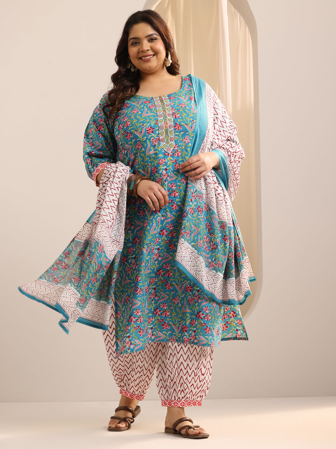  Plus Size Blue Printed Cotton Straight Suit Set With Dupatta 