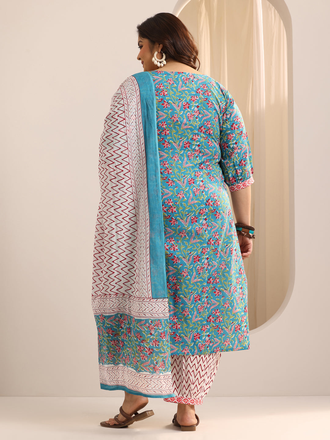  Plus Size Blue Printed Cotton Straight Suit Set With Dupatta 