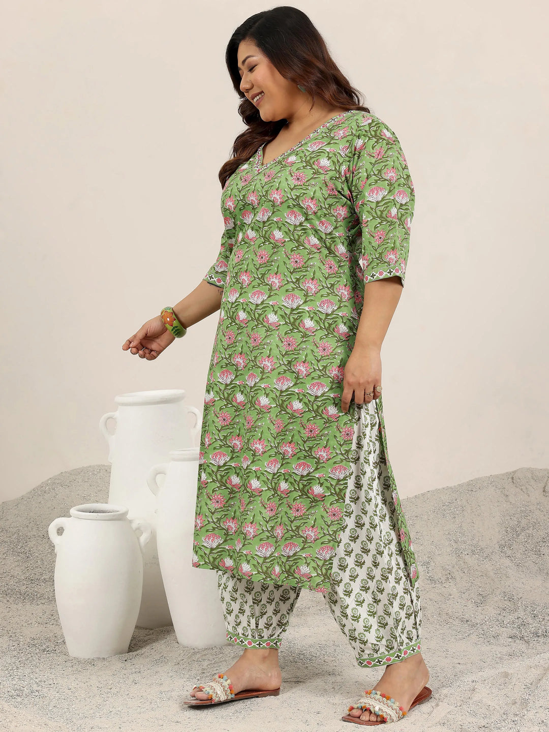  Plus Size Green Printed Cotton Straight Suit Set With Dupatta 