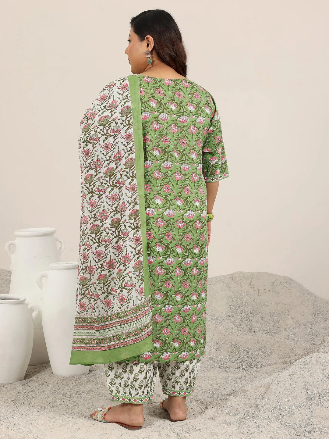  Plus Size Green Printed Cotton Straight Suit Set With Dupatta 