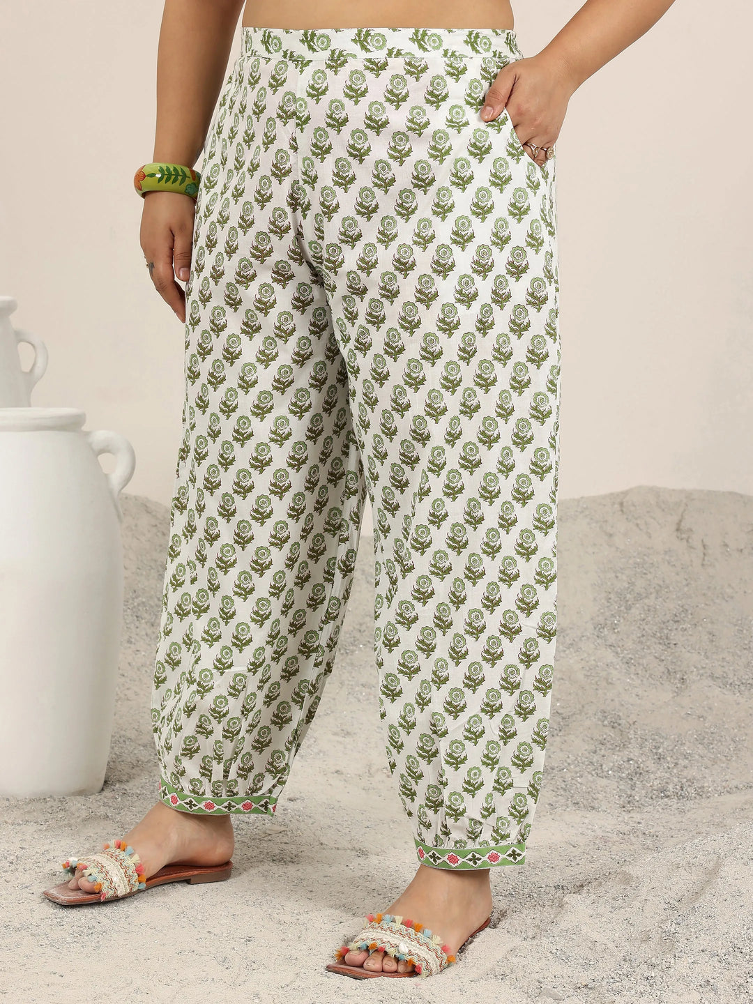  Plus Size Green Printed Cotton Straight Suit Set With Dupatta 