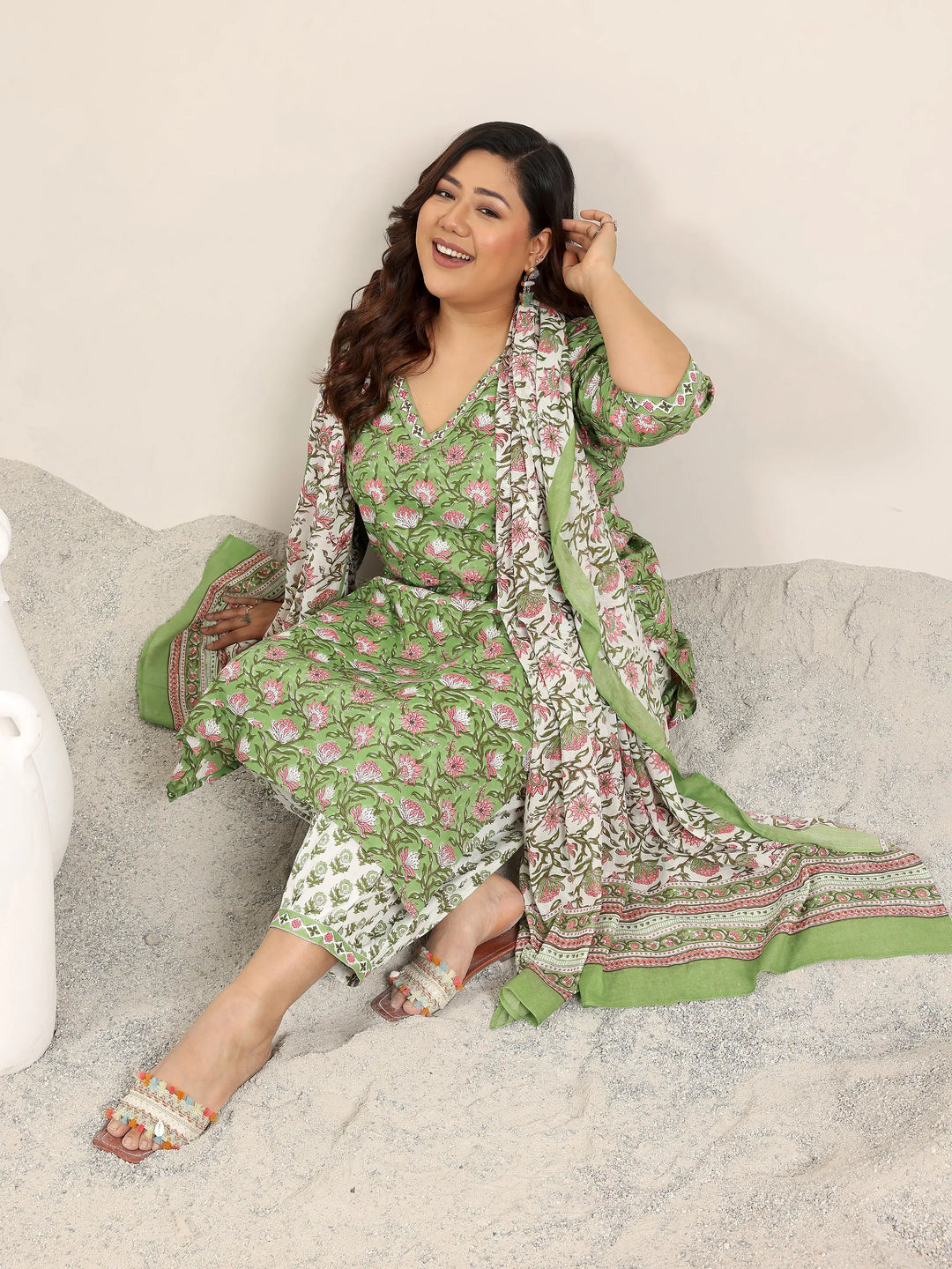 Plus Size Green Printed Cotton Straight Suit Set With Dupatta