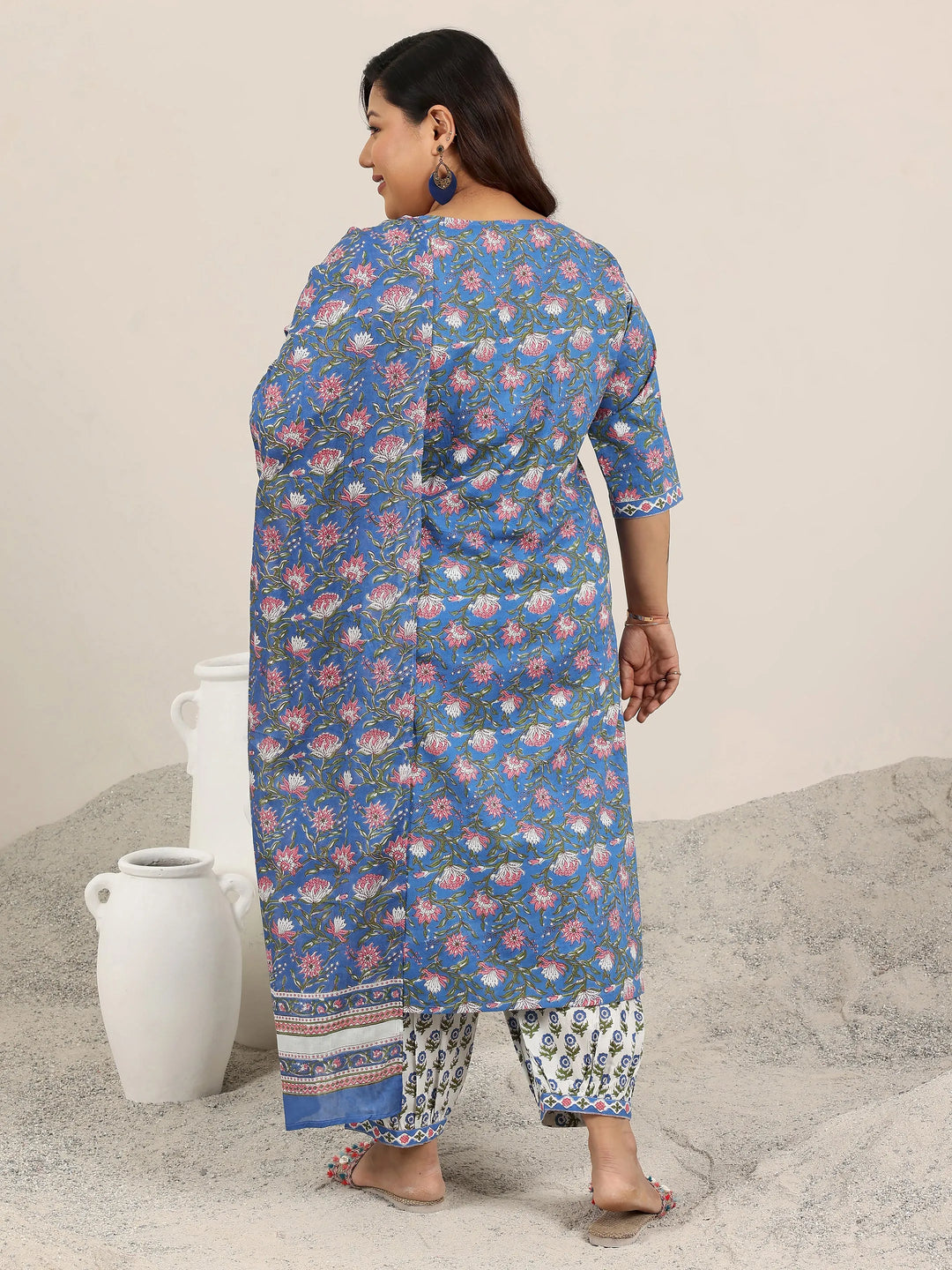  Plus Size Blue Printed Cotton Straight Suit Set With Dupatta 