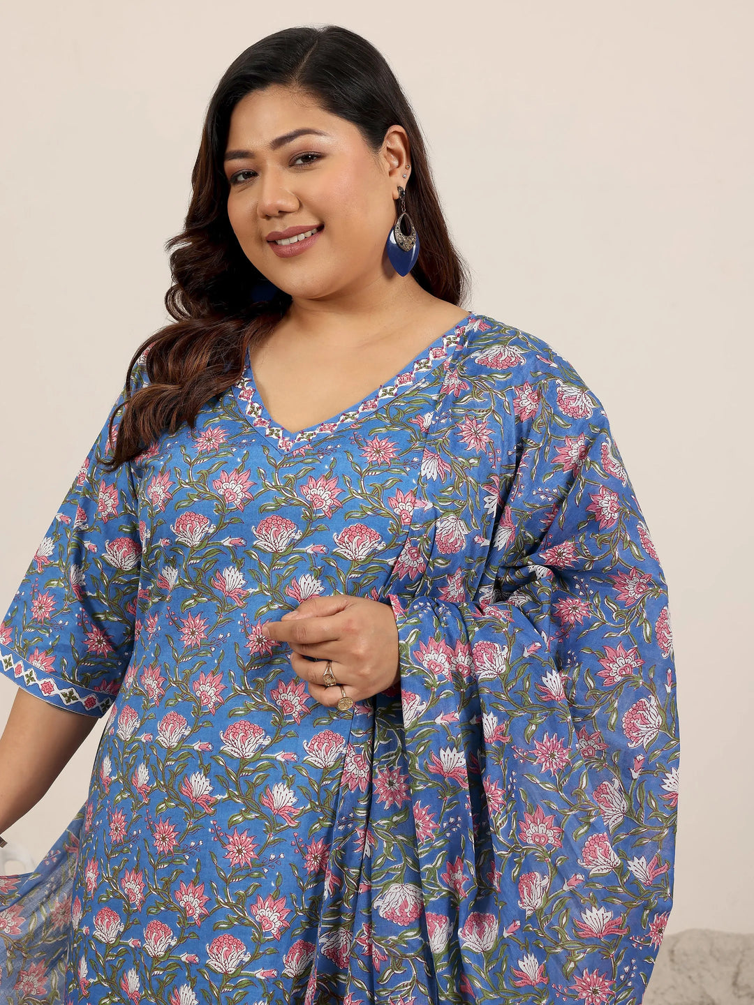  Plus Size Blue Printed Cotton Straight Suit Set With Dupatta 