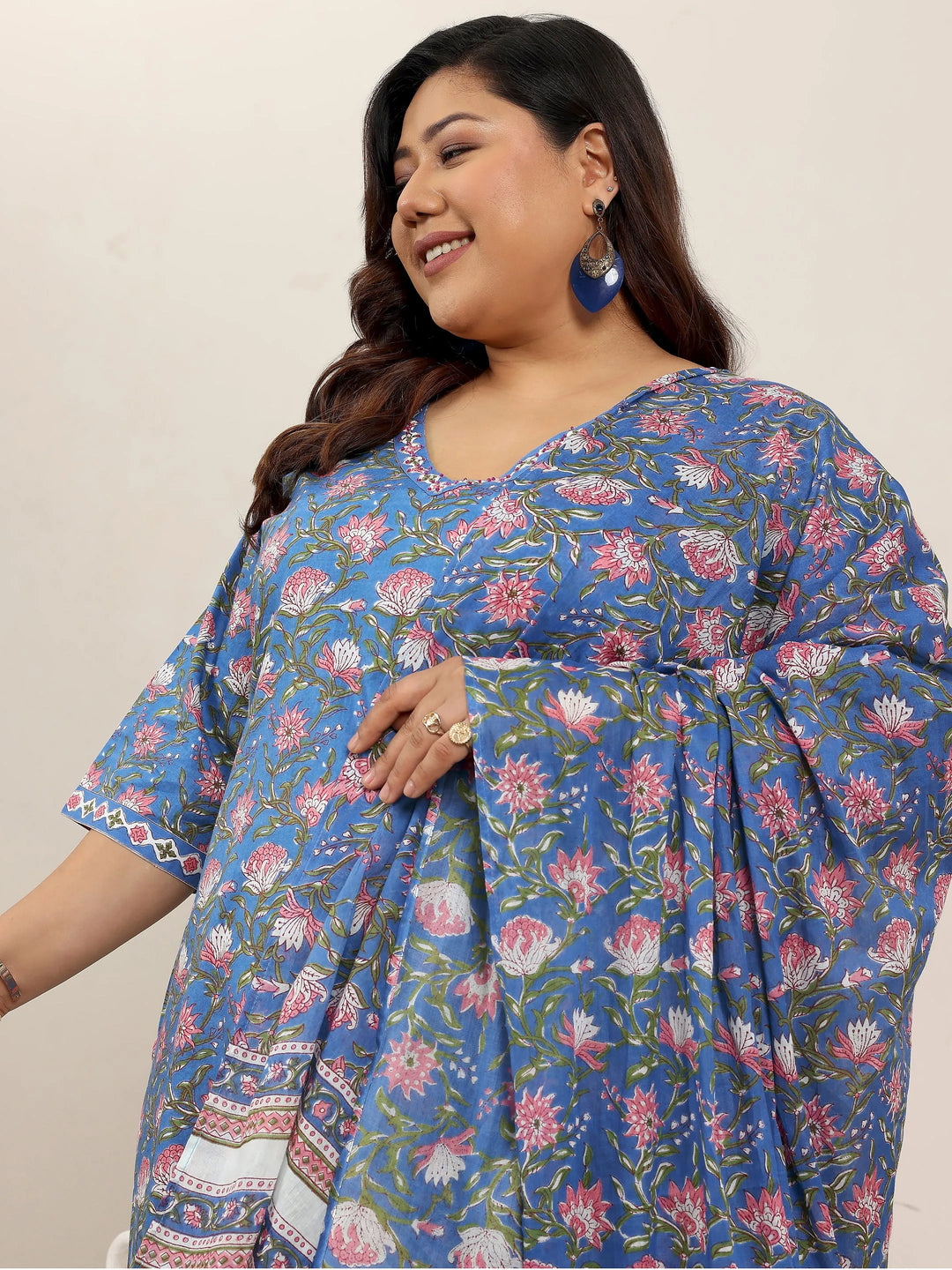  Plus Size Blue Printed Cotton Straight Suit Set With Dupatta 