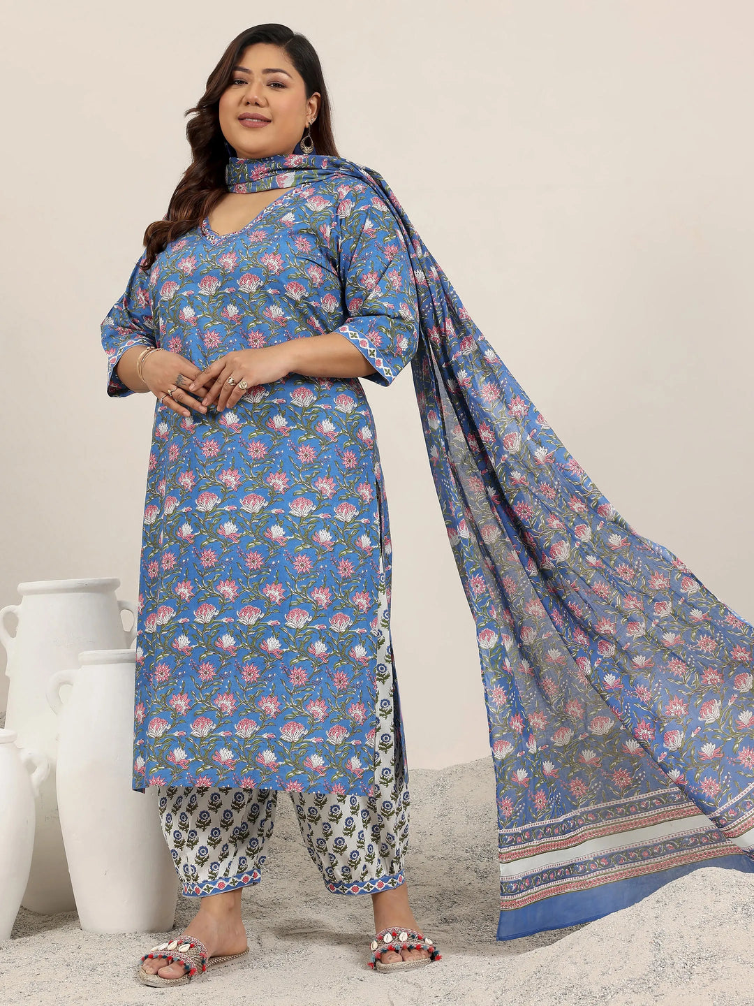  Plus Size Blue Printed Cotton Straight Suit Set With Dupatta 