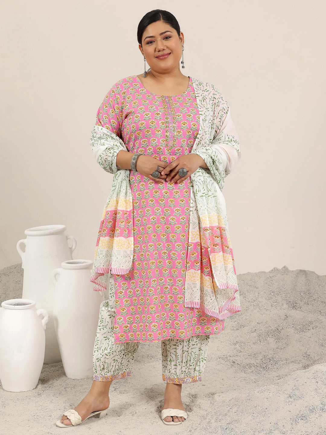  Plus Size Pink Printed Cotton Straight Suit Set With Dupatta 