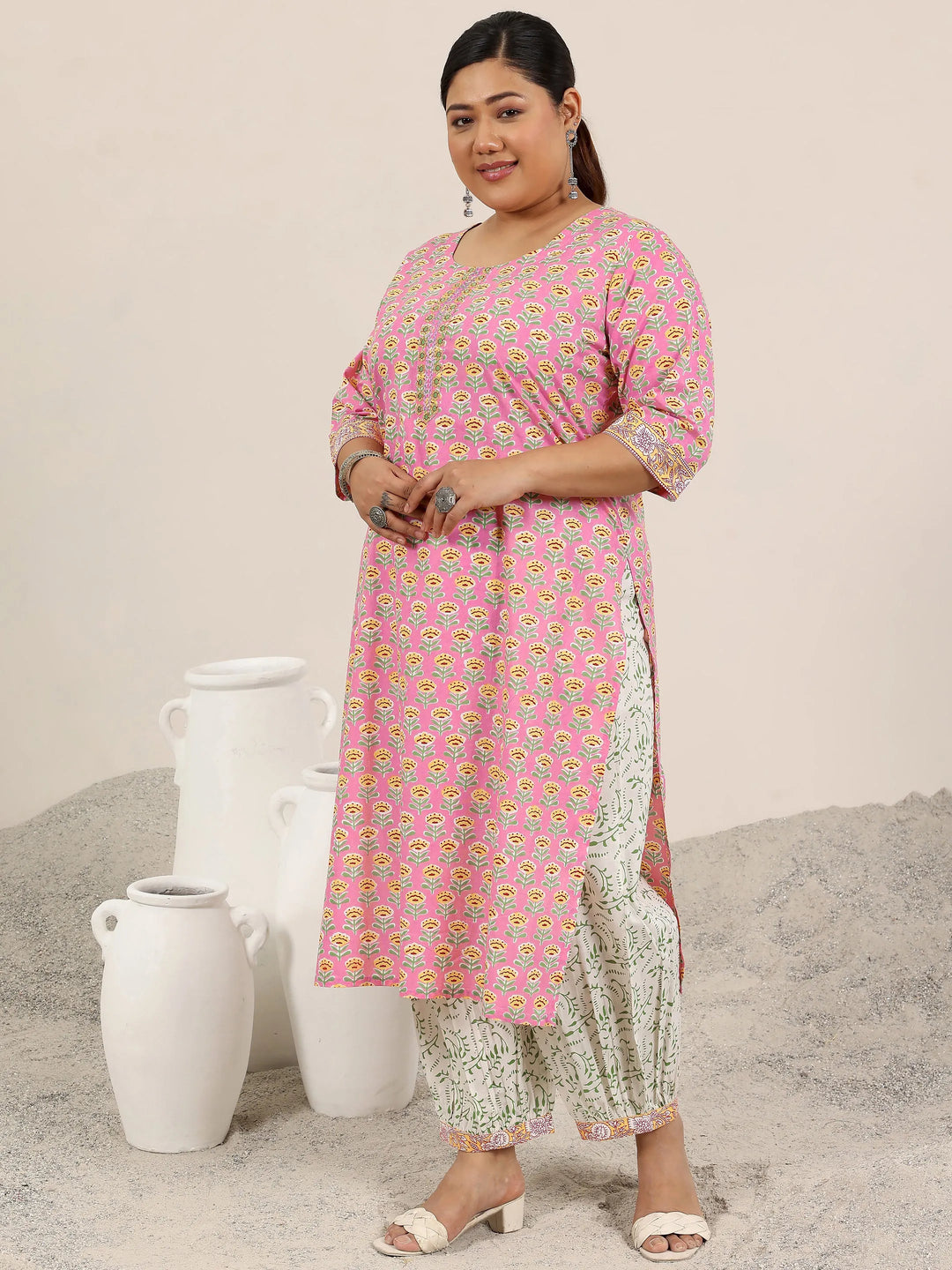  Plus Size Pink Printed Cotton Straight Suit Set With Dupatta 