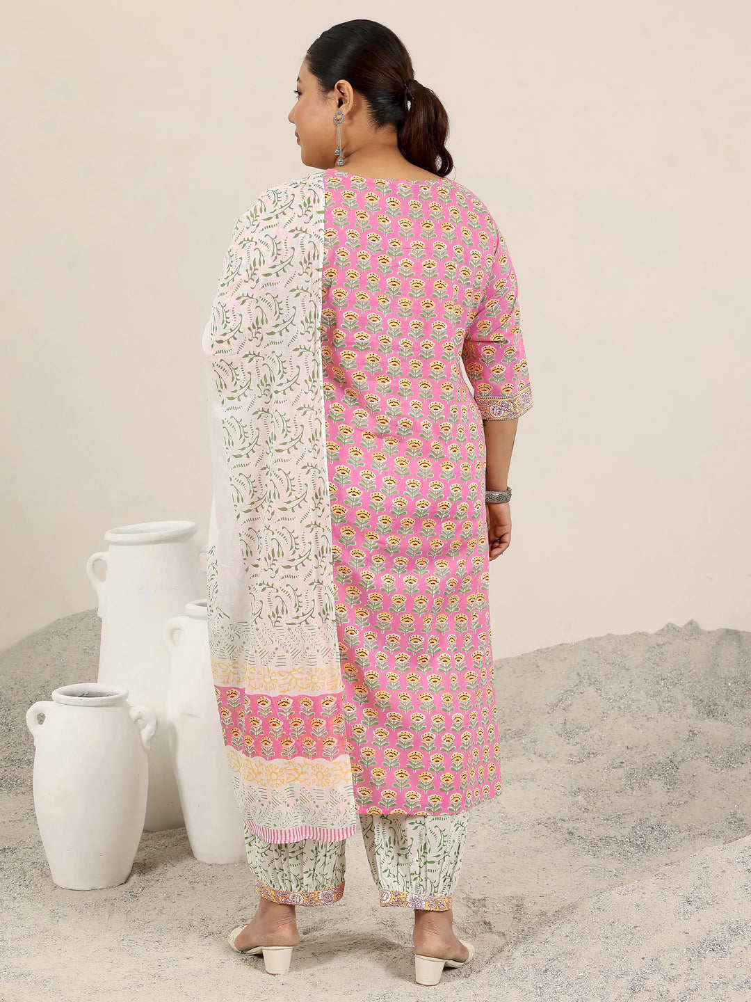  Plus Size Pink Printed Cotton Straight Suit Set With Dupatta 