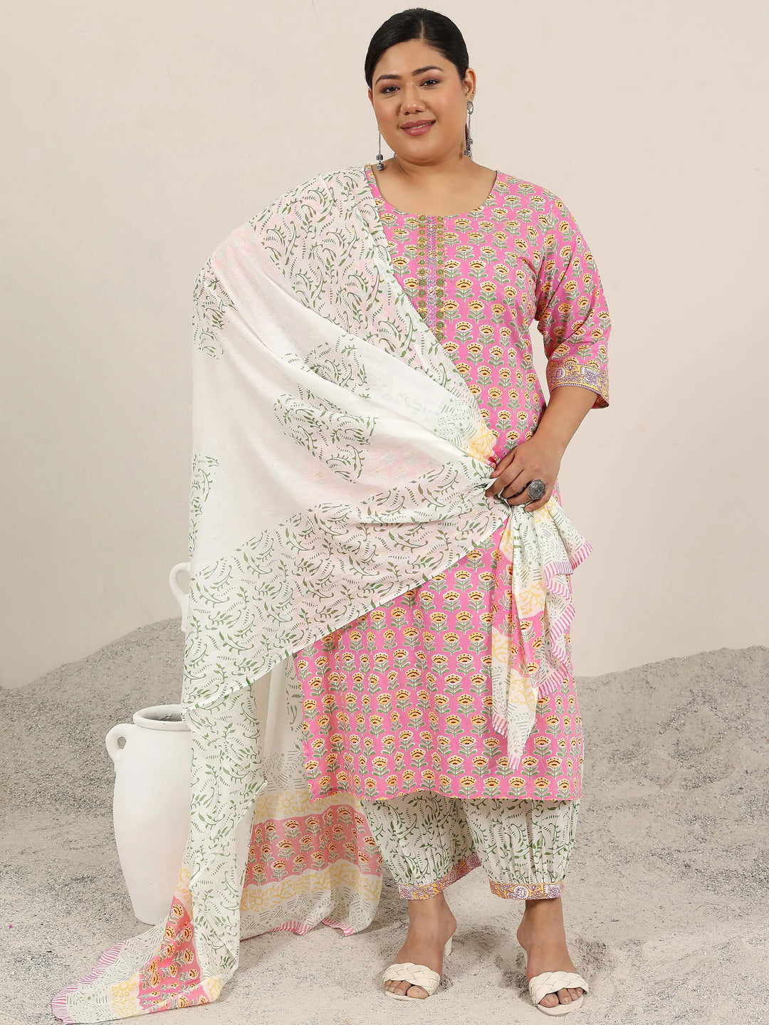  Plus Size Pink Printed Cotton Straight Suit Set With Dupatta 