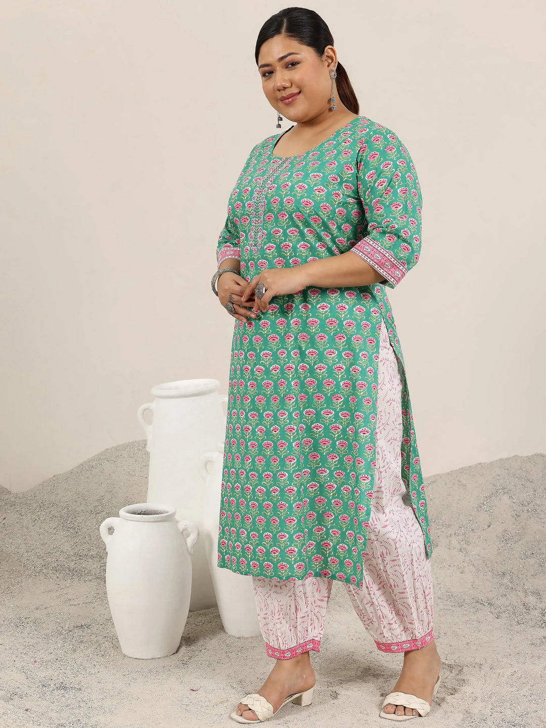  Plus Size Green Printed Cotton Straight Suit Set With Dupatta 