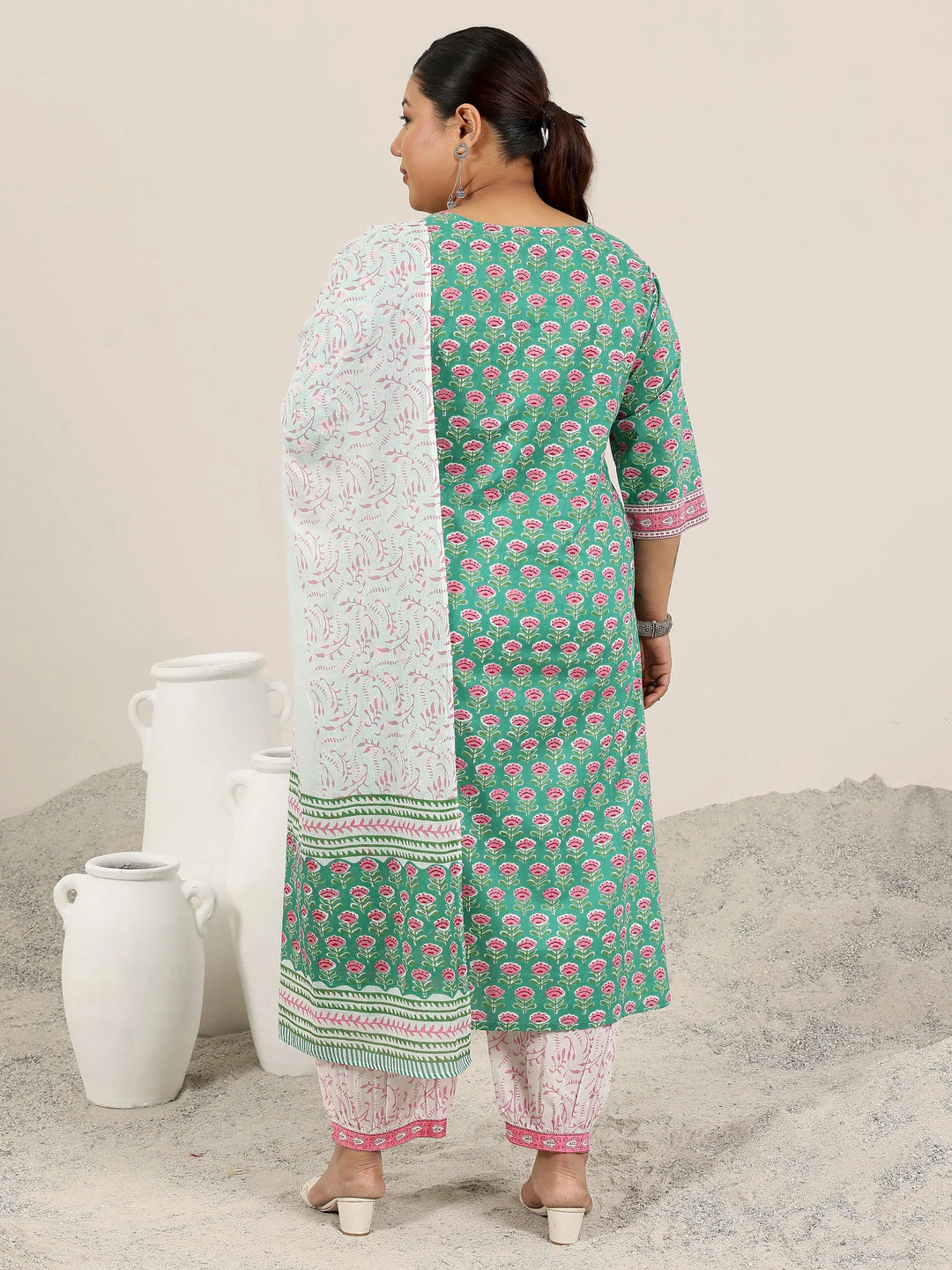  Plus Size Green Printed Cotton Straight Suit Set With Dupatta 