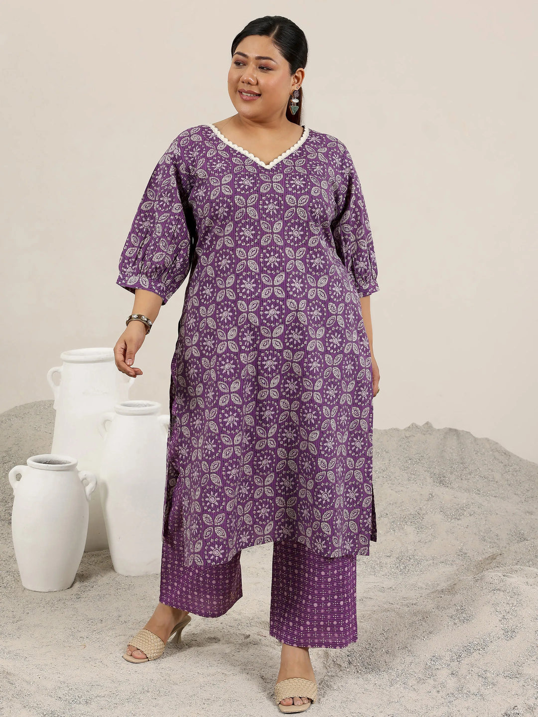  Plus Size Purple Printed Cotton Straight Kurta Set 