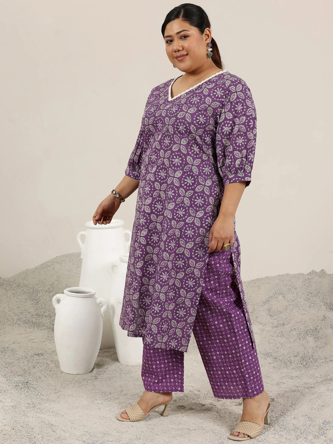  Plus Size Purple Printed Cotton Straight Kurta Set 