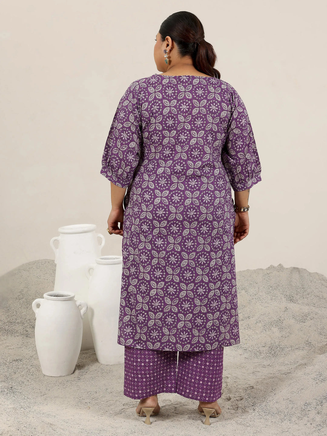  Plus Size Purple Printed Cotton Straight Kurta Set 