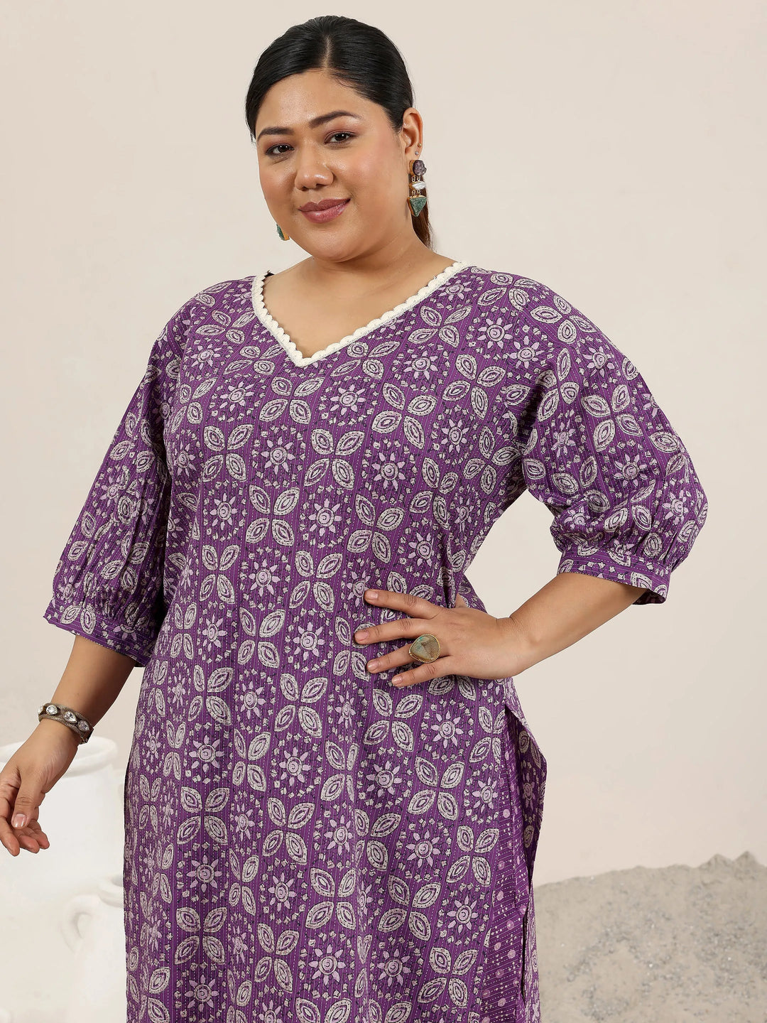  Plus Size Purple Printed Cotton Straight Kurta Set 