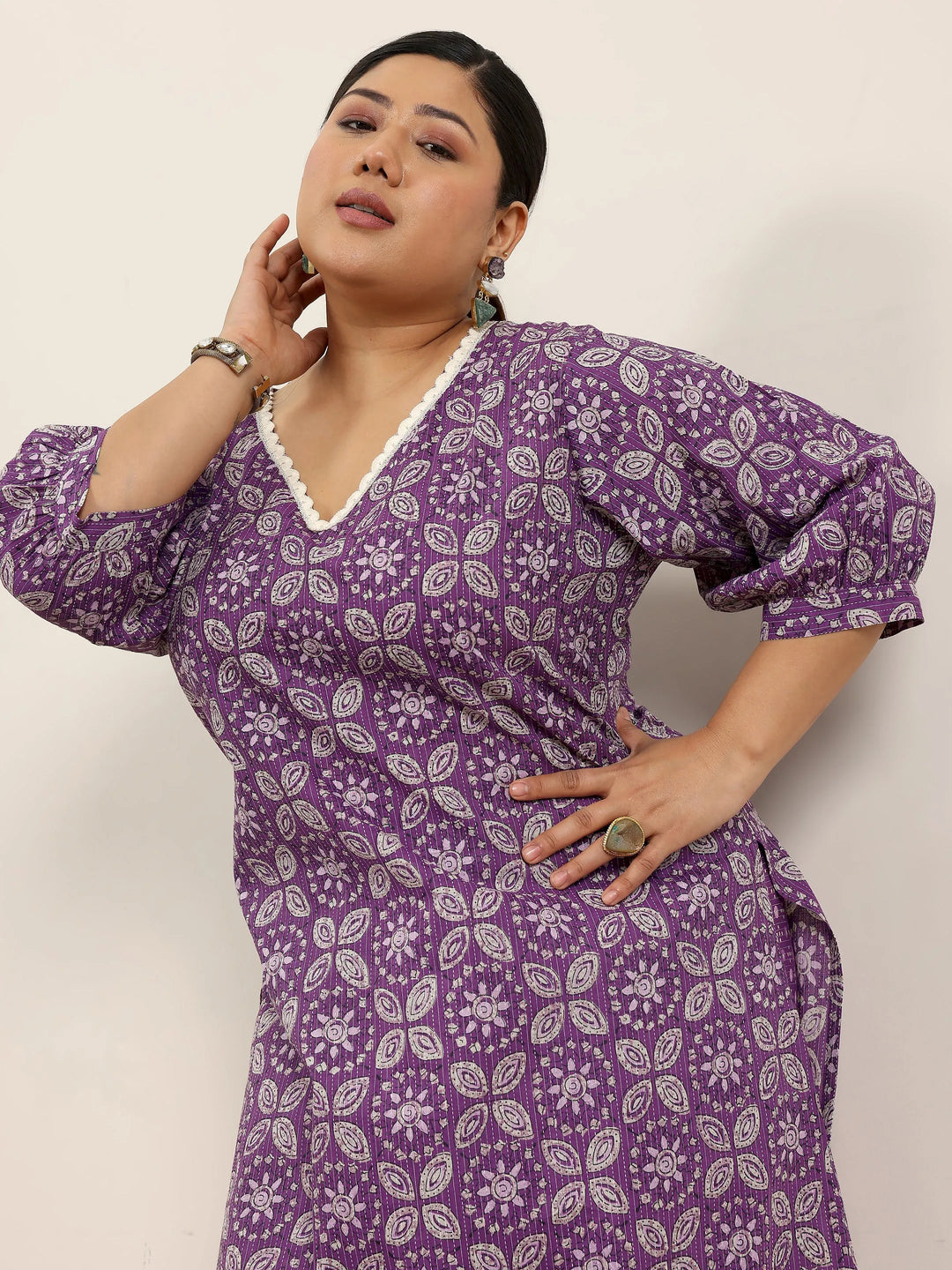  Plus Size Purple Printed Cotton Straight Kurta Set 