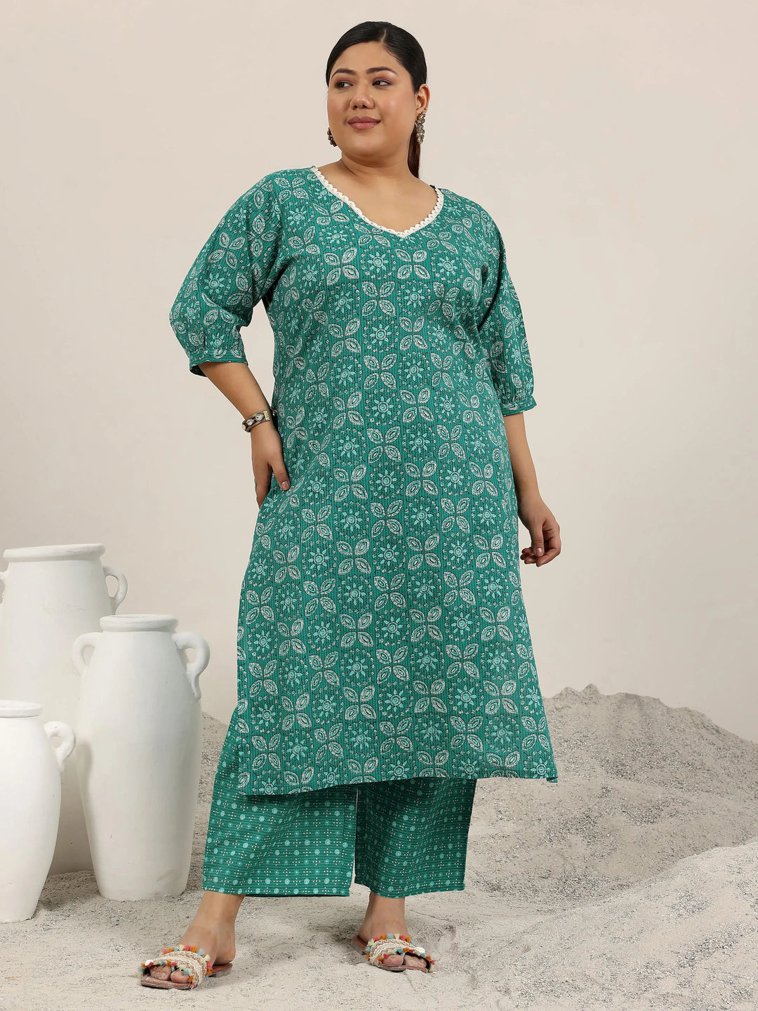  Plus Size Teal Printed Cotton Straight Kurta Set 