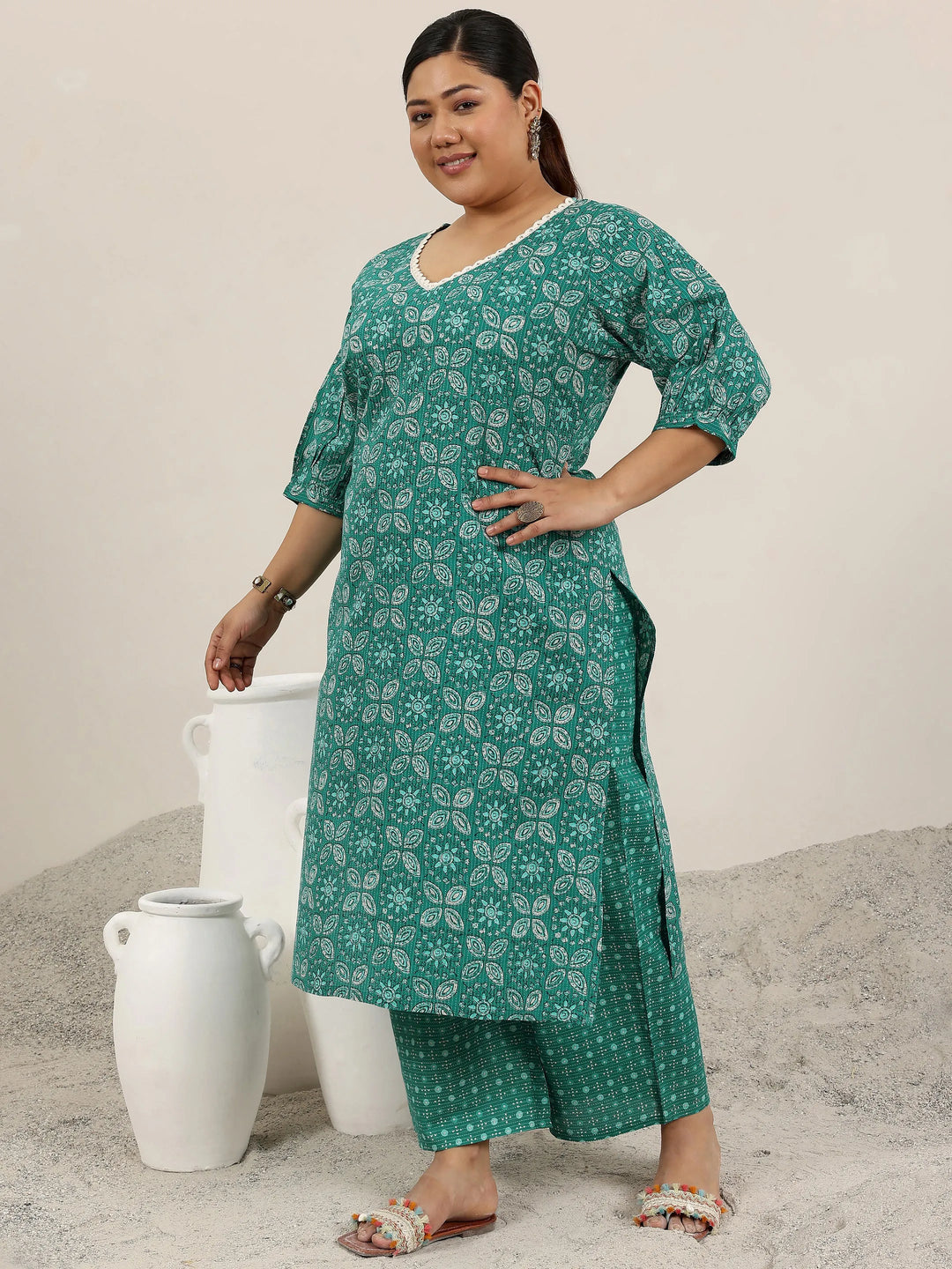  Plus Size Teal Printed Cotton Straight Kurta Set 