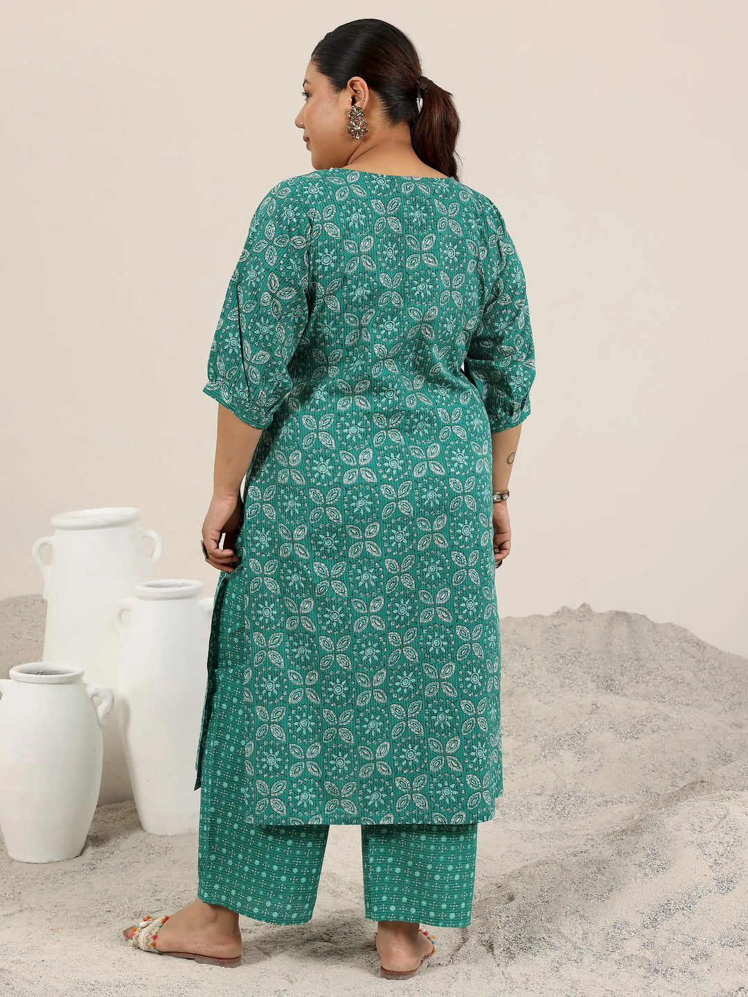  Plus Size Teal Printed Cotton Straight Kurta Set 