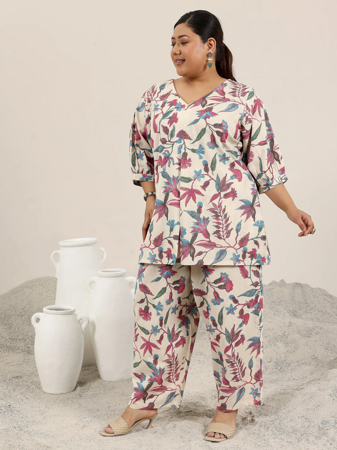 Plus Size Off White Printed Cotton Co-Ord Sets