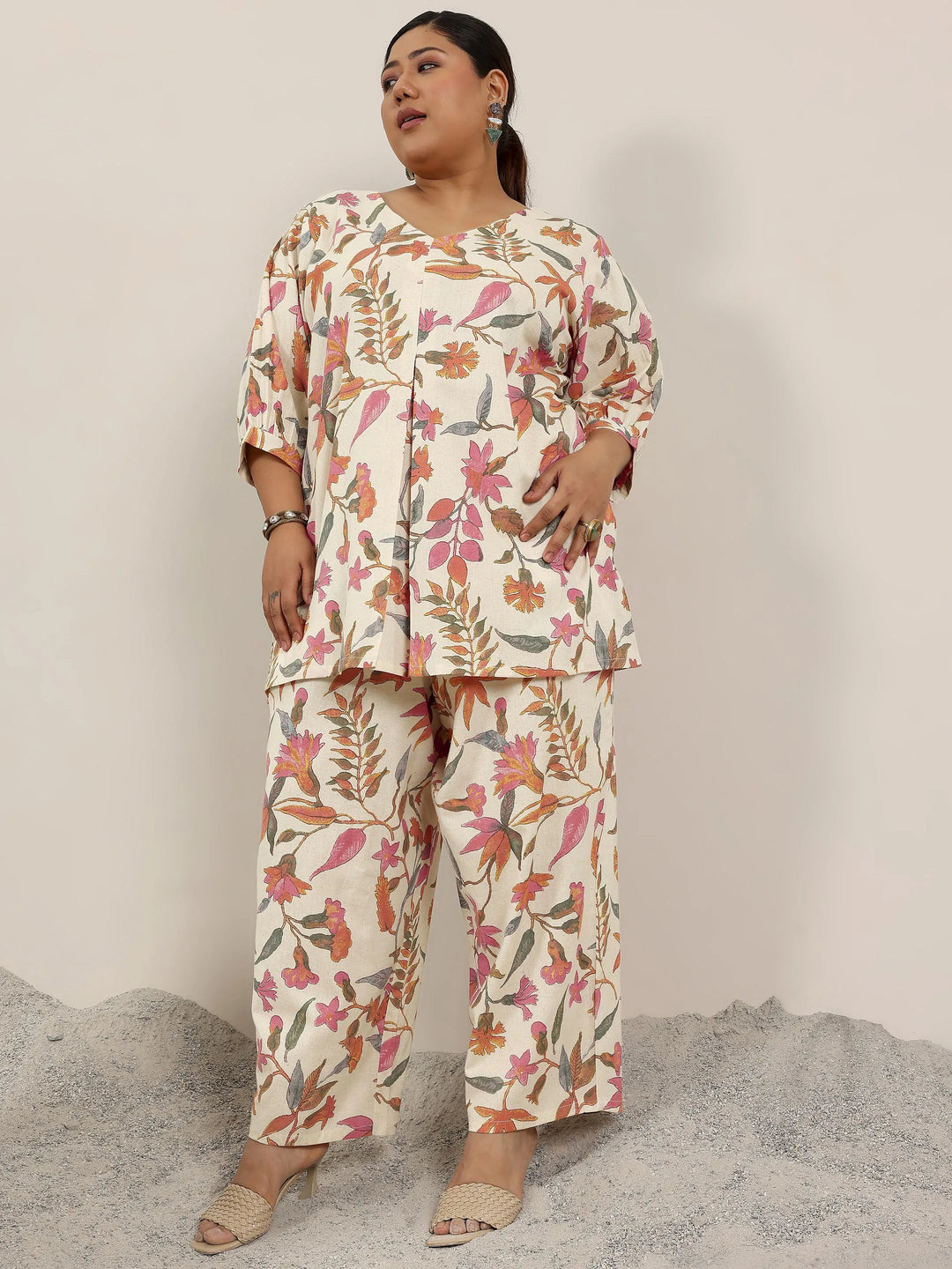 Plus Size Off White Printed Cotton Co-Ord Sets