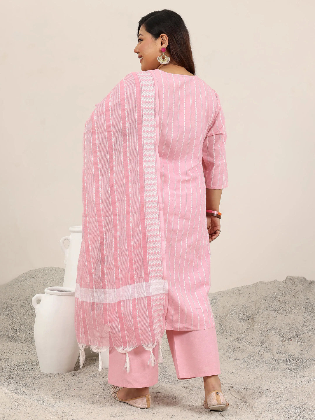  Plus Size Pink Woven Design Cotton Blend Straight Suit Set With Dupatta 