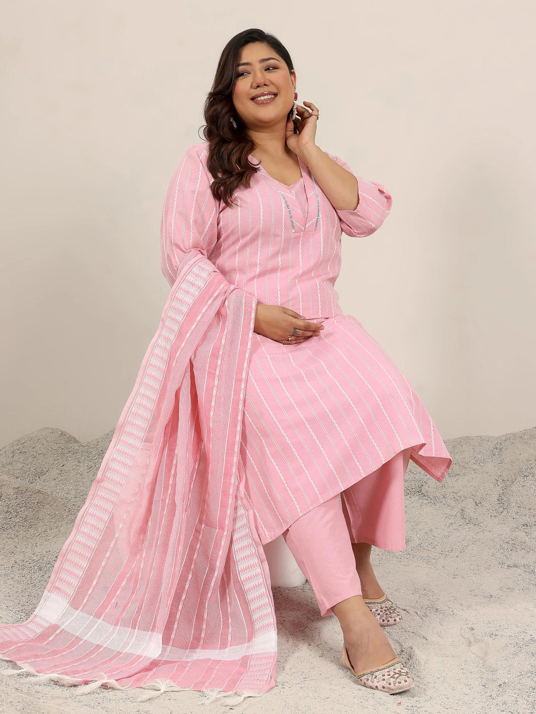  Plus Size Pink Woven Design Cotton Blend Straight Suit Set With Dupatta 