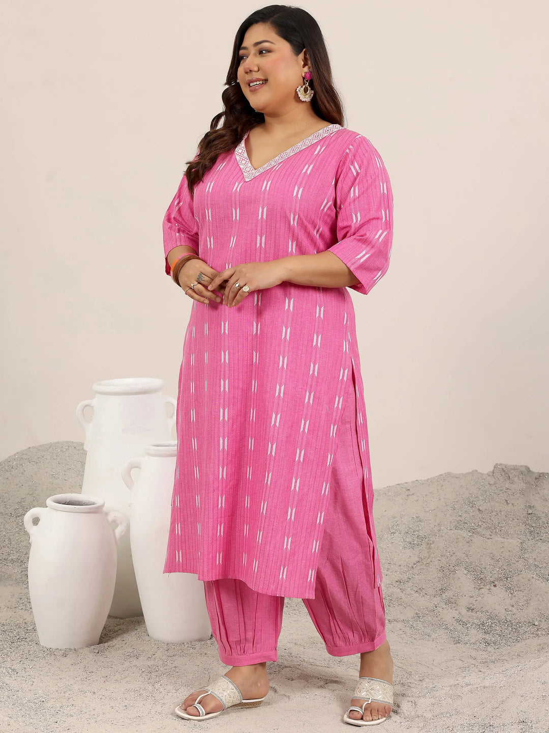  Plus Size Pink Woven Design Cotton Blend Straight Suit Set With Dupatta 