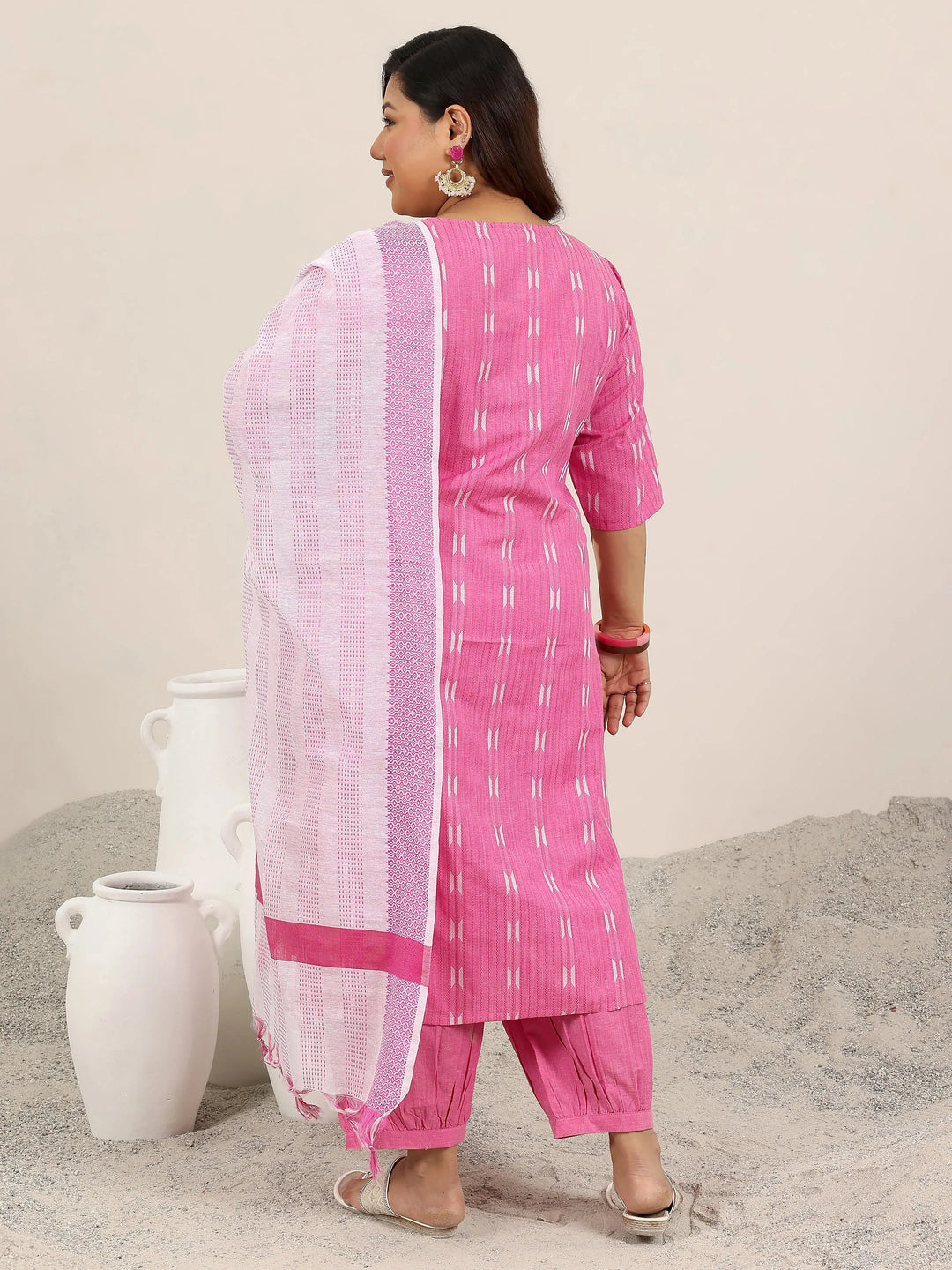  Plus Size Pink Woven Design Cotton Blend Straight Suit Set With Dupatta 