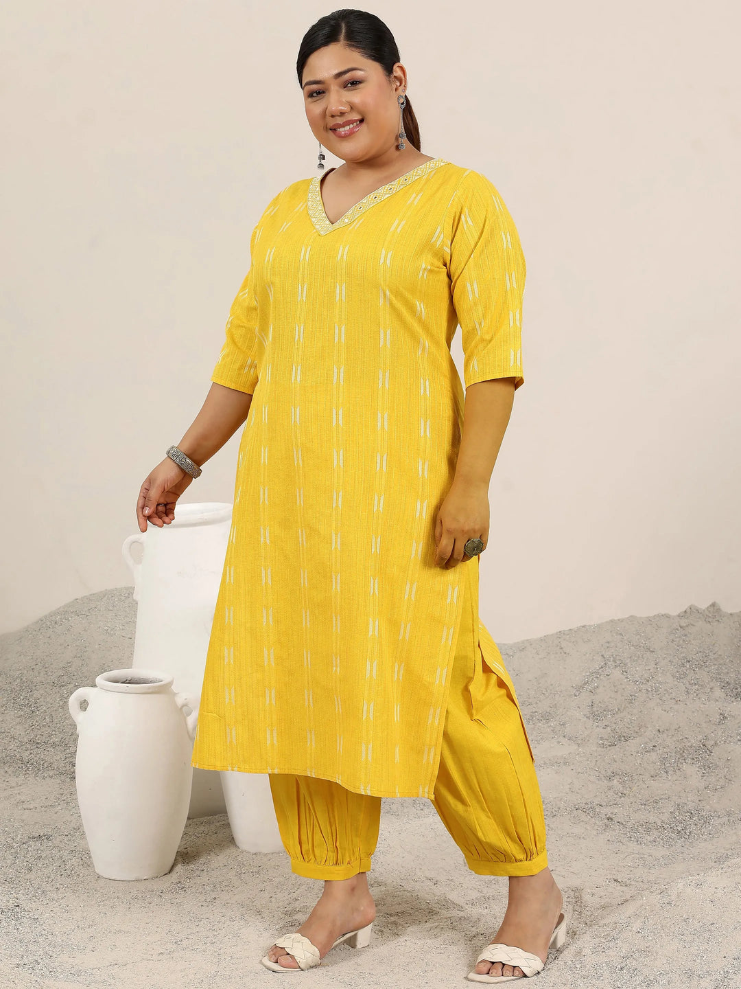  Plus Size Yellow Woven Design Cotton Blend Straight Suit Set With Dupatta 