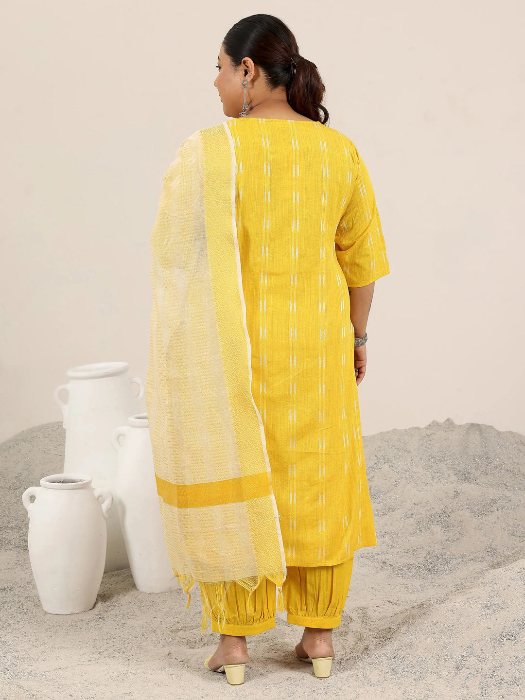  Plus Size Yellow Woven Design Cotton Blend Straight Suit Set With Dupatta 