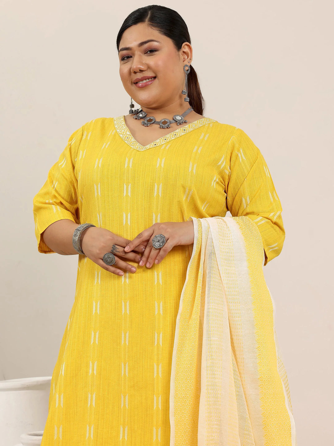  Plus Size Yellow Woven Design Cotton Blend Straight Suit Set With Dupatta 