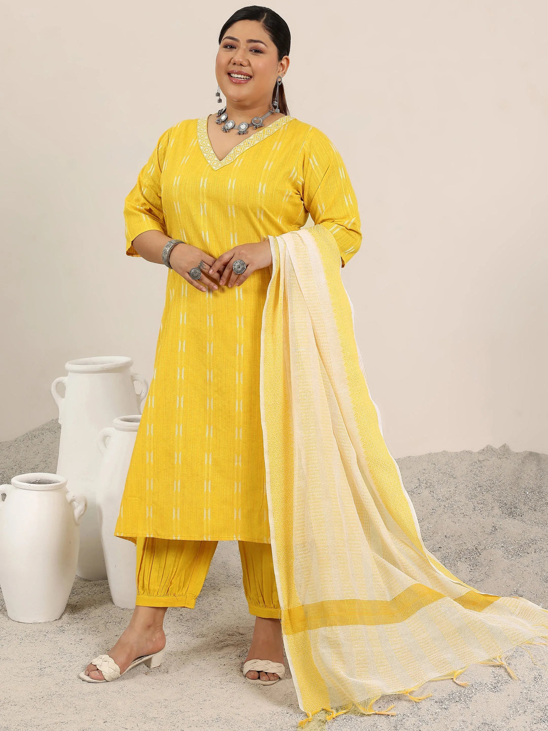  Plus Size Yellow Woven Design Cotton Blend Straight Suit Set With Dupatta 