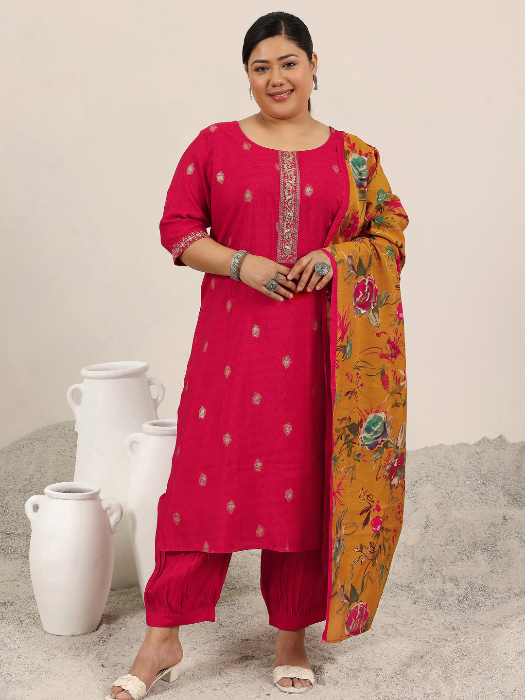  Plus Size Red Printed Silk Blend Straight Suit Set With Dupatta 