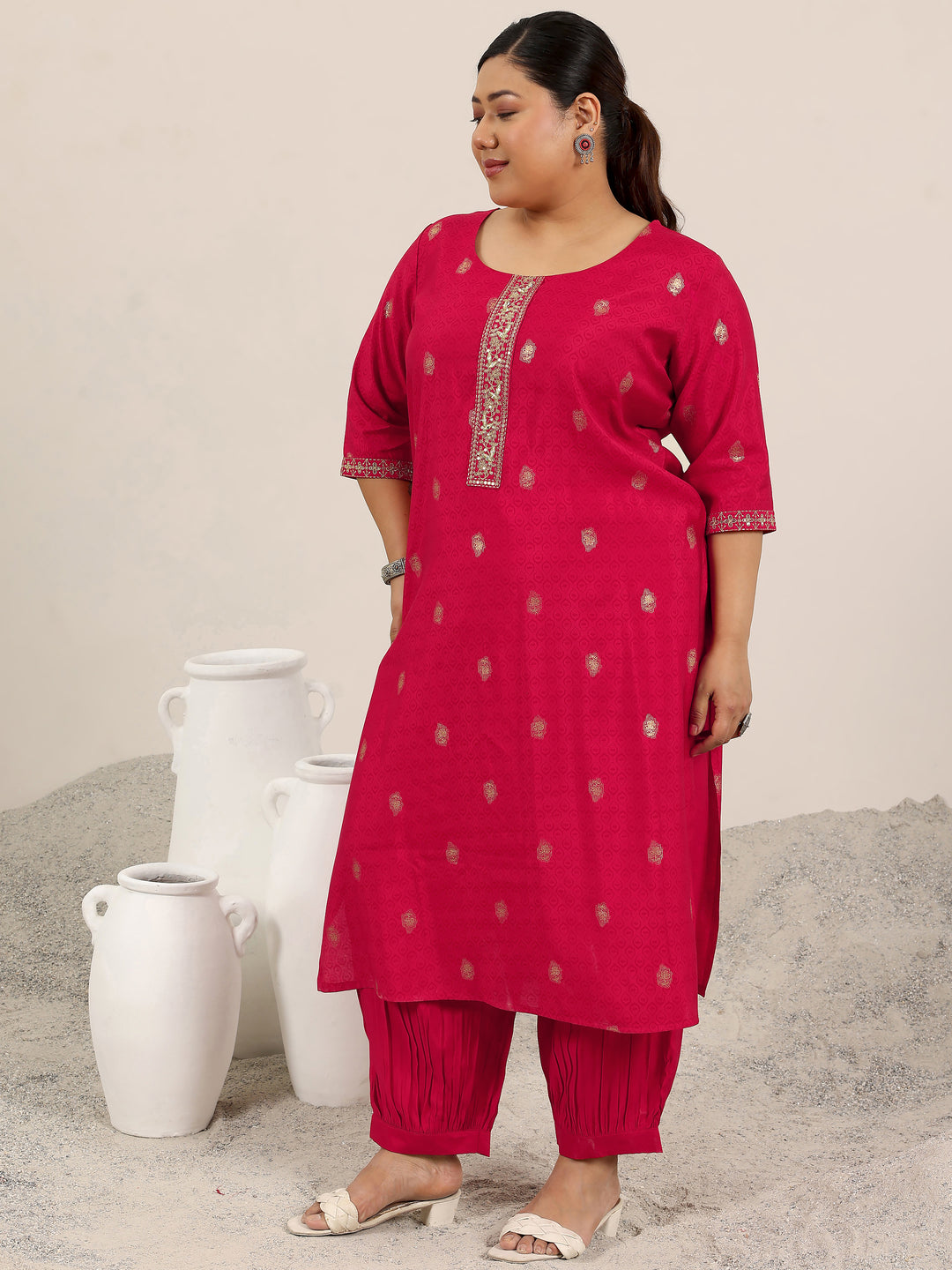  Plus Size Red Printed Silk Blend Straight Suit Set With Dupatta 