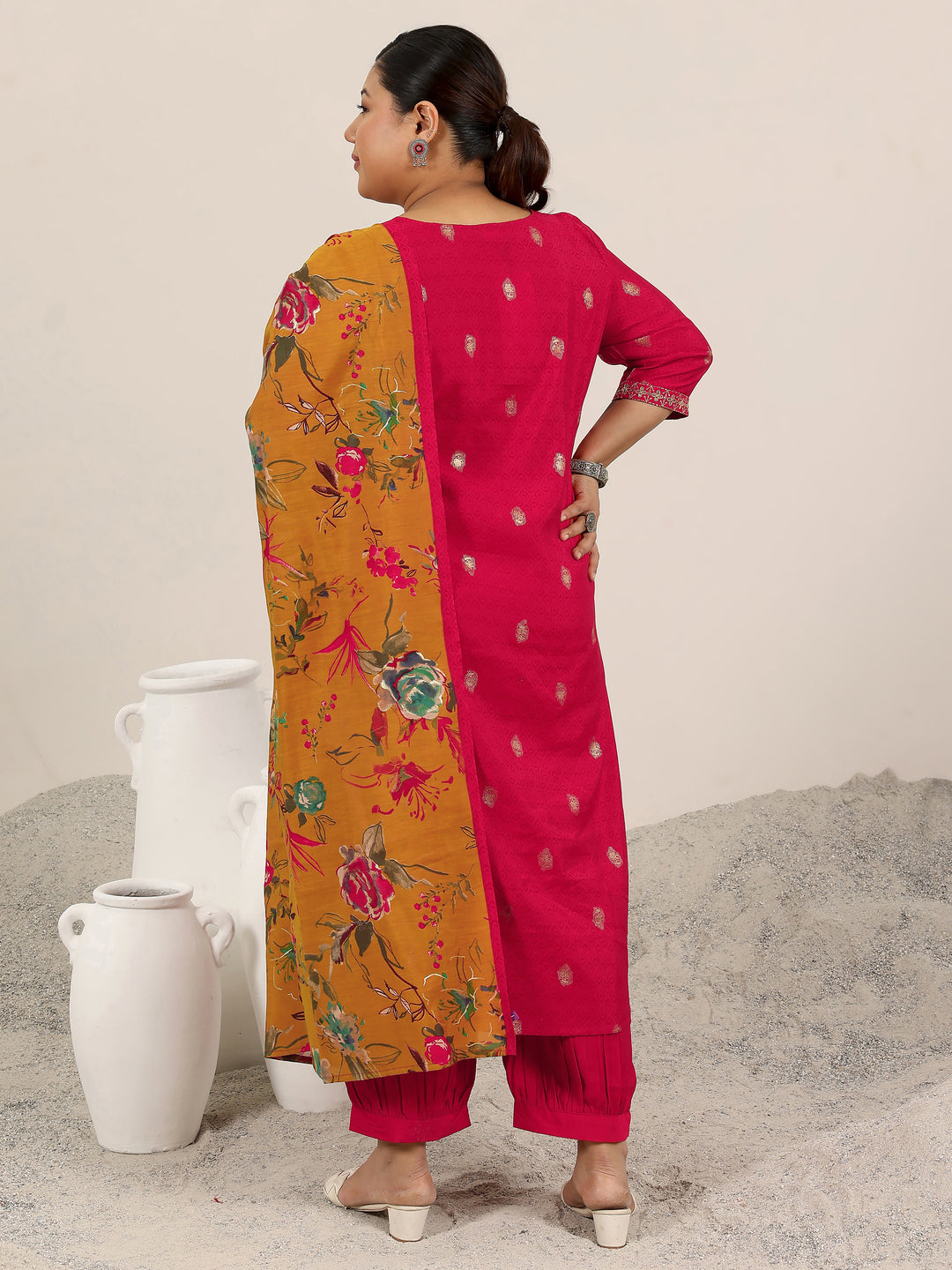  Plus Size Red Printed Silk Blend Straight Suit Set With Dupatta 