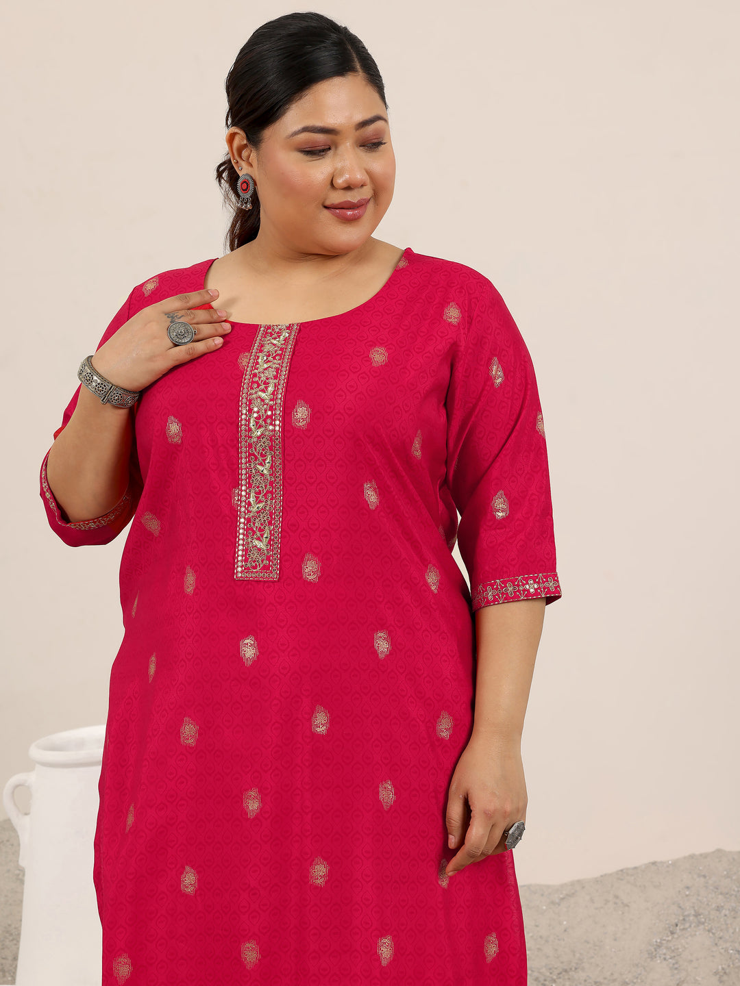  Plus Size Red Printed Silk Blend Straight Suit Set With Dupatta 