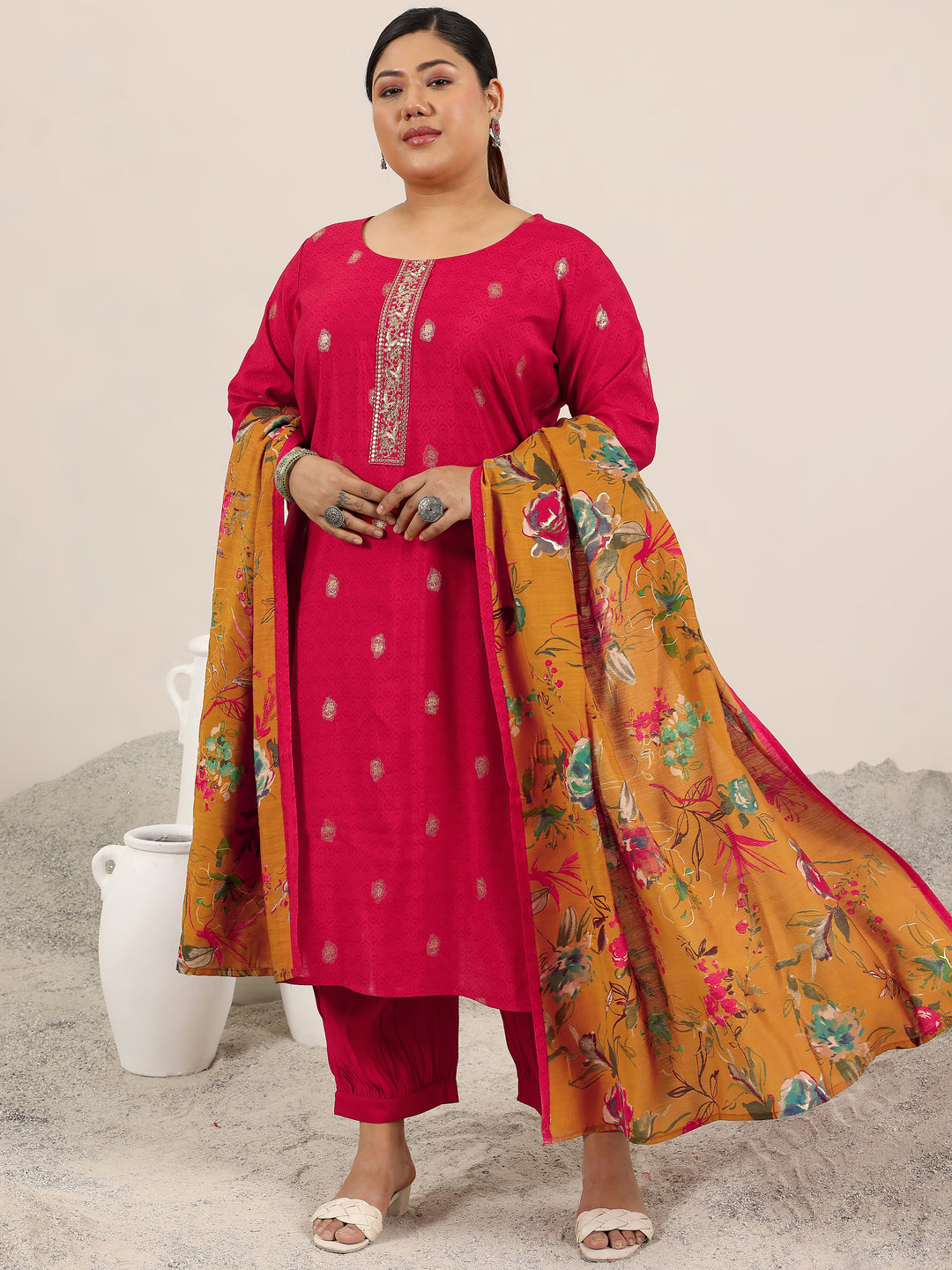  Plus Size Red Printed Silk Blend Straight Suit Set With Dupatta 