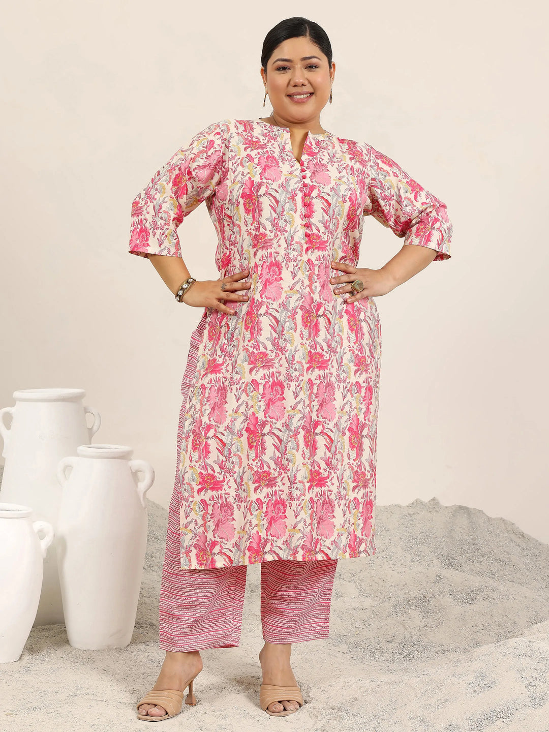  Plus Size Pink Printed Silk Blend Straight Kurta Set 