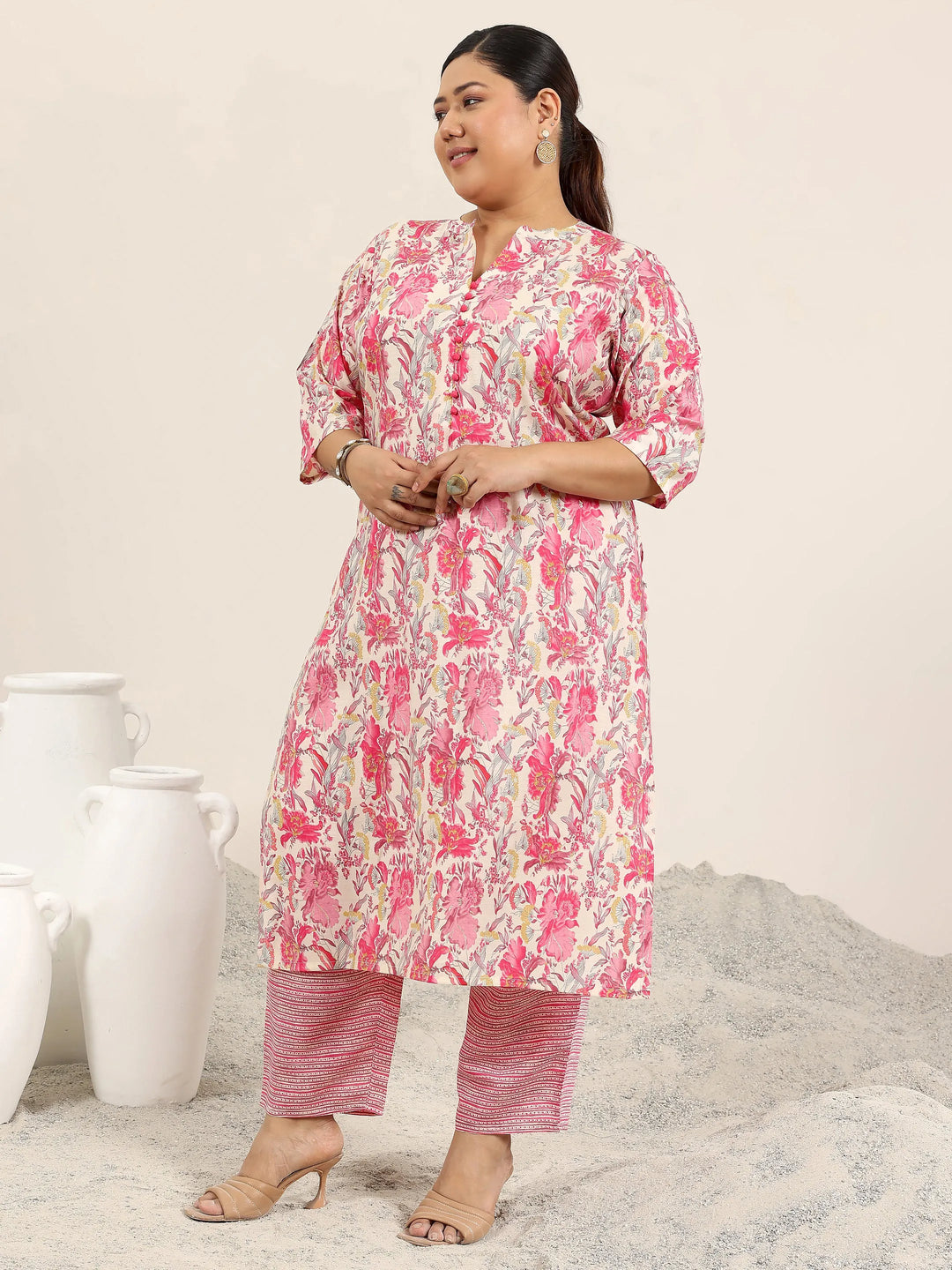  Plus Size Pink Printed Silk Blend Straight Kurta Set 